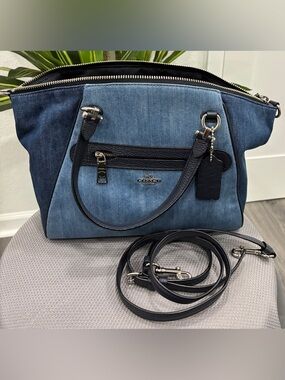 Coach Blue Denim and Navy Leather Shoulder Bag with Removable Strap